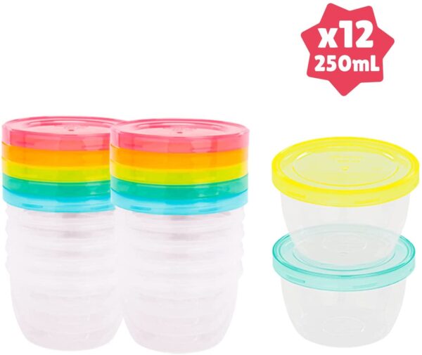 Badabulle – Badabowls | 250 ml x 12 Airtight Food Storge | 100% airtight, BPA Free, Leak Proof | Rewritable Lid, Refrigerator & Dishwasher Safe | Multicolor, Pack of 12