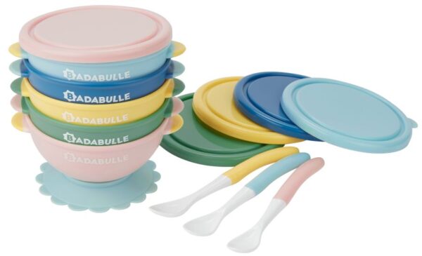Badabulle – Badabowls | Non Slip 330ml x 5 & 3 Flexible Spoons for Toddlers, Babies with Silicone Suction Feeding Utensils and Secure Lids | BPA Free, Pack of 5