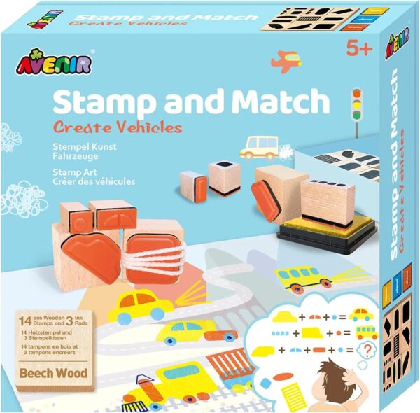 Avenir Stamp and Match – Create Vehicles | Craft Imaginative Vehicles with 15 Wooden Stamps, Spark Imagination & Cognitive Development | Exciting Craft Kit for Kids 3+