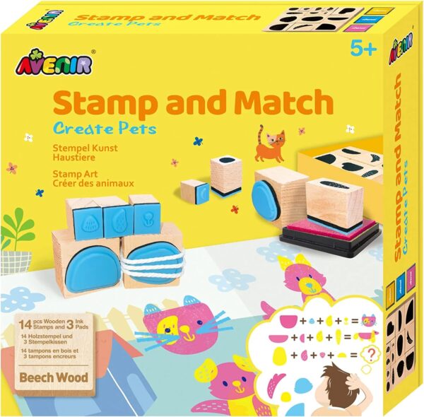 Avenir Stamp and Match – Create Pets | Craft Imaginative Little Pets with 15 Wooden Stamps, Spark Imagination & Cognitive Development | Exciting Craft Kit for Kids 3+