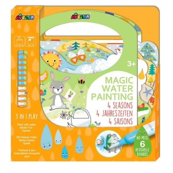 Avenir Magic Water Painting – 4 Seasons | 6 Reusable Coloring Surfaces, 2 Sheets of Repositionable Stickers, and Refillable Water Pen, Easy to Carry | Kids 3+