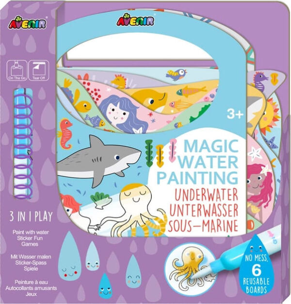 Avenir Magic Water Painting – Underwater | 6 Reusable Coloring Surfaces, 2 Sheets of Repositionable Stickers, and Refillable Water Pen, Easy to Carry | Kids 3+