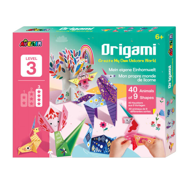 Avenir Origami – Create My Own Unicorn World (Level 3) | Make 40 Fantasy Animals & Flowers | Giant Prehistoric Themed Poster with Card Characters for Kids 3+