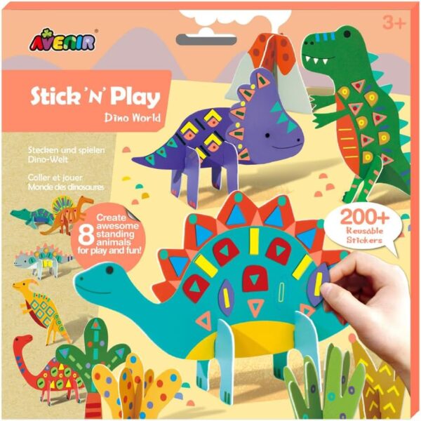 Avenir Stick ‘N Play Series – Dino World | 200+ Reusable Stickers for Endless Fun! Create Play Scenes with 8 Illustrated Theme Cards, Make Your Own Animal Figures | For Kids 3+