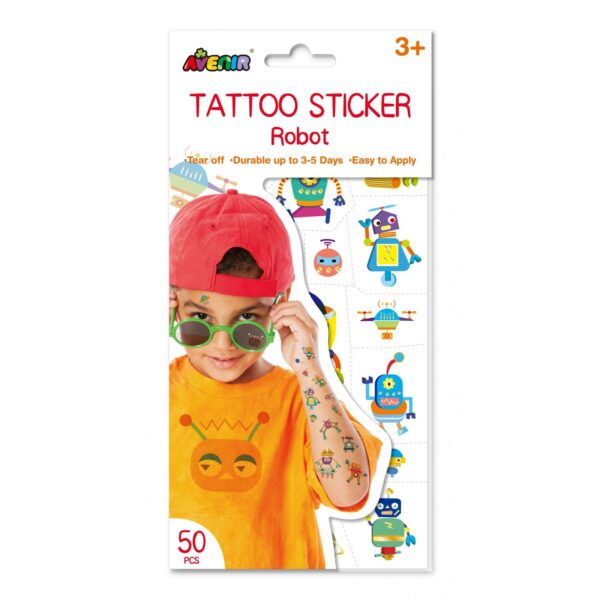 Avenir Tattoo Sticker – Robot | 50pc Set of Temporary Tattoos – High-Quality Water-Based Ink – Safe and Easy to Apply and Remove – Lasts 3-5 Days for Kids 3+