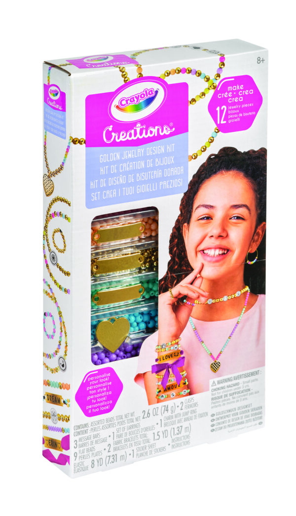 Crayola – Creations Golden Jewelry Set | Creative DIY Kit for Girls Ages 8 and Up – Design and Personalize Bracelets, Necklaces, and Earrings | Easy and Fun Crafting – Charms, Adhesive Letters, and Symbols for Personalization, 8+