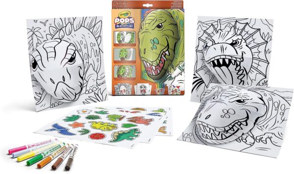 Crayola – Pops 3D Coloring Kit – Dinos | Innovative 3D Artwork Creation – Choose, Color, and Display – Transform Coloring Pages into 3D Art – Easy to Hang or Display, 6+