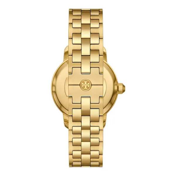 Tory Burch TBW1053 side view showing gold stainless steel case and bracelet