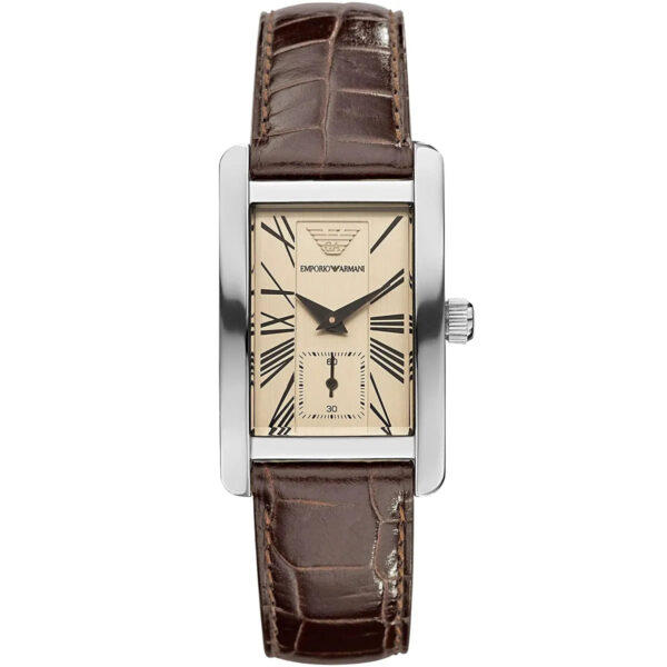 Emporio Armani Gianni AR0155 women's watch with rectangular stainless steel case, beige dial with Roman numerals, and dark brown leather strap