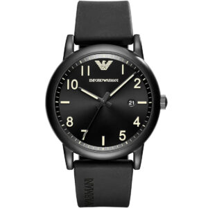 Emporio Armani Luigi Slim black matte dial watch with black rubber strap and gold hour markers