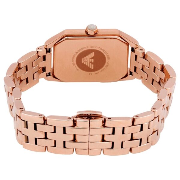 Emporio Armani Giola rose gold watch caseback showing engraved eagle logo
