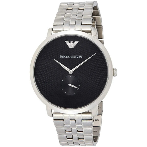 Emporio Armani AR11161 watch angle view showing black dial and silver metal bracelet detail