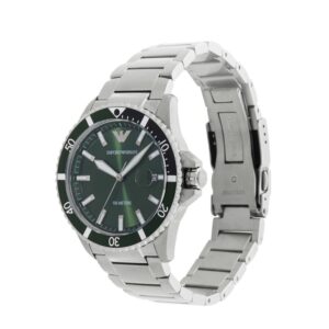 Emporio Armani AR11338 watch at angle showing green dial, silver case and bracelet