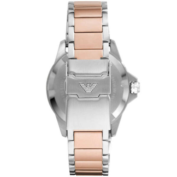 Caseback of Emporio Armani AR11340 showing stainless steel with Emporio Armani eagle logo