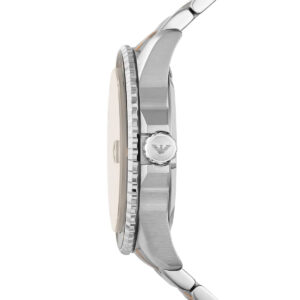 Side profile of Emporio Armani AR11340 showing two-tone stainless steel case and strap