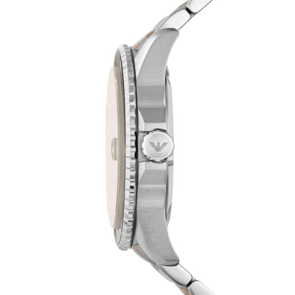 Side profile of Emporio Armani AR11340 showing two-tone stainless steel case and strap