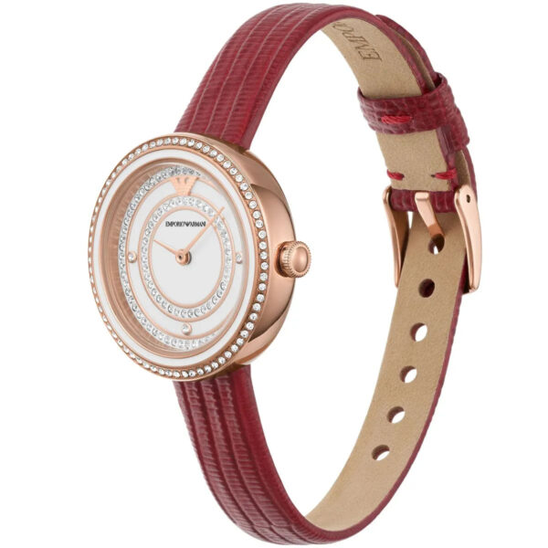 Emporio Armani Rosa watch three-quarter view showing red leather strap with tan lining and buckle closure