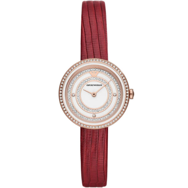 Emporio Armani Rosa watch front view with white dial, crystal-set bezel, rose gold case and red leather strap