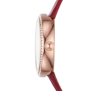 Emporio Armani Rosa watch side profile showing crystal-bezel rose gold case depth and red leather strap