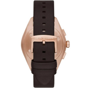 Caseback view of Emporio Armani Claudio watch showing stainless steel with eagle logo and dark brown strap