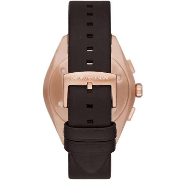 Caseback view of Emporio Armani Claudio watch showing stainless steel with eagle logo and dark brown strap