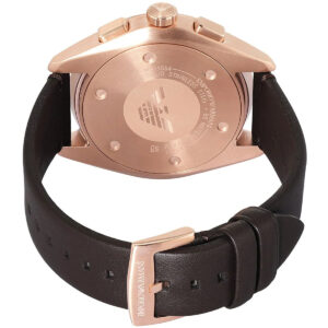 Rear view of Emporio Armani Claudio watch caseback with stainless steel engraving and dark brown leather
