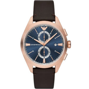 Emporio Armani Claudio chronograph watch with rose gold case, blue dial, and dark brown leather strap