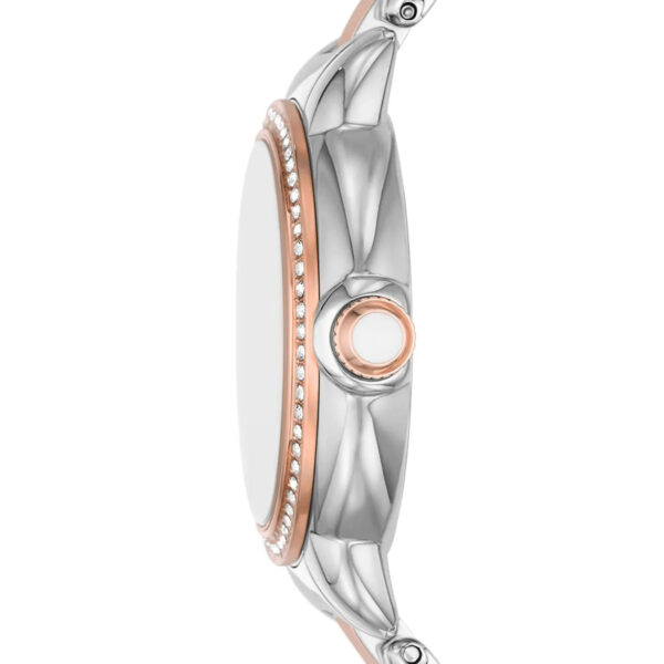 Emporio Armani Mia watch angle view with crystal-set bezel and rose gold crown