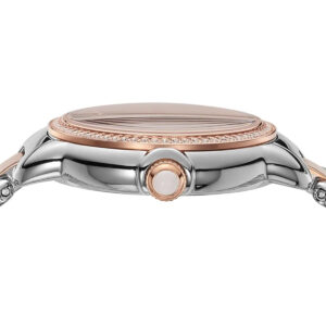 Emporio Armani Mia watch dial detail with crystal bezel and rose gold accents