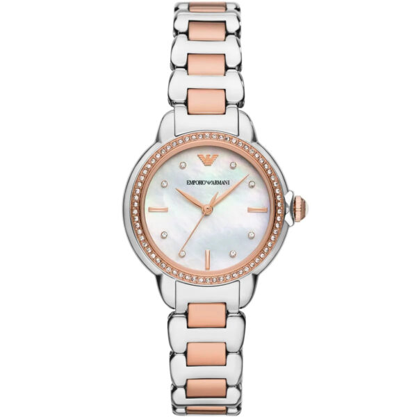 Emporio Armani Mia white MOP dial watch with two-tone silver and rose gold bracelet