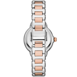 Emporio Armani Mia watch side view showing two-tone silver and rose gold bracelet