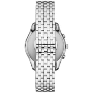 Back view of Emporio Armani Antonio chronograph showing stainless steel case back
