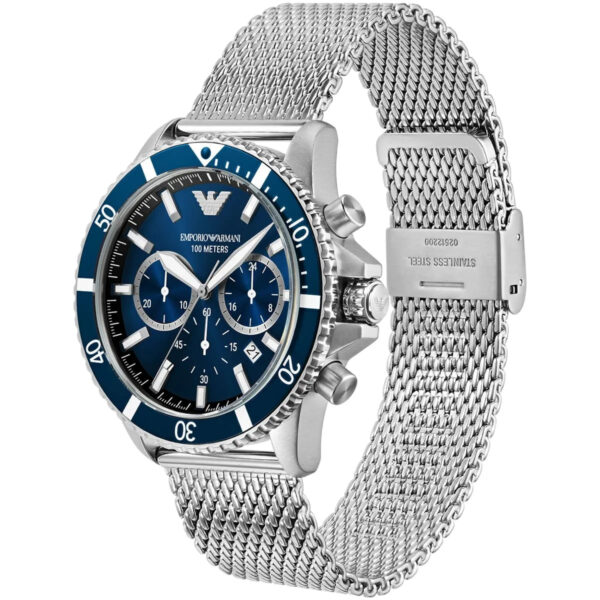 Emporio Armani AR11587 three-quarter view showing blue bezel, chronograph subdials, and mesh strap