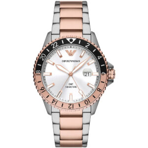 Emporio Armani AR11591 Diver GMT watch with white sunray dial, two-tone silver and rose-gold stainless steel case and bracelet