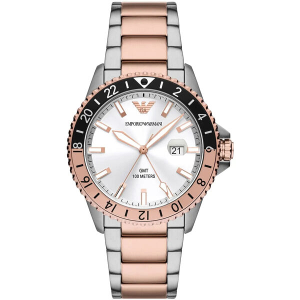 Emporio Armani AR11591 Diver GMT watch with white sunray dial, two-tone silver and rose-gold stainless steel case and bracelet