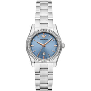 Emporio Armani Federica women's watch with blue dial, crystal bezel, silver stainless steel bracelet