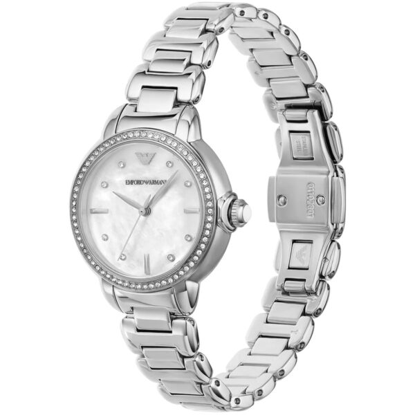 Emporio Armani Mia AR11596 watch 45-degree angle view showing mother-of-pearl dial and metal bracelet