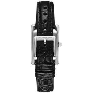 Emporio Armani Genni women's watch caseback showing engraved Emporio Armani logo and black patterned leather strap