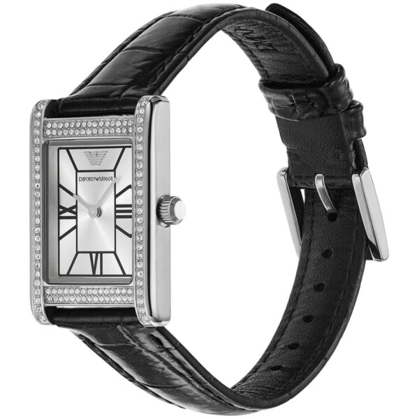 Emporio Armani Genni women's watch on wrist showing rectangular case, crystal bezel, black patterned leather strap, and silver case side view