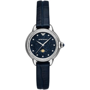 Emporio Armani AR11629 women's watch with moonphase blue dial, crystal bezel, and navy leather strap