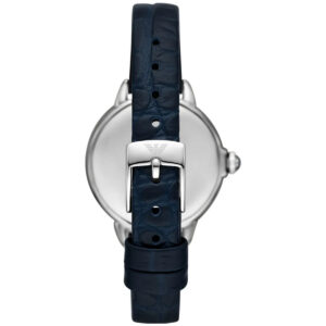 Back view of AR11629 women's watch showing navy leather strap and buckle closure