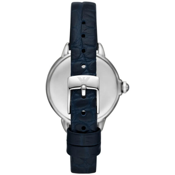 Back view of AR11629 women's watch showing navy leather strap and buckle closure