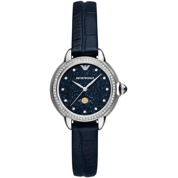 Emporio Armani AR11629 women's watch with moonphase blue dial, crystal bezel, and navy leather strap