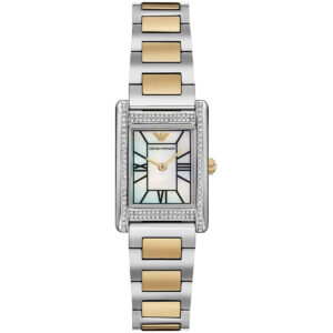 Emporio Armani Genni women's watch with white MOP dial, crystal bezel, and two-tone bracelet