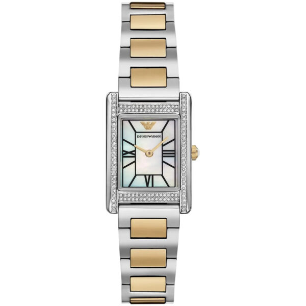 Emporio Armani Genni women's watch with white MOP dial, crystal bezel, and two-tone bracelet