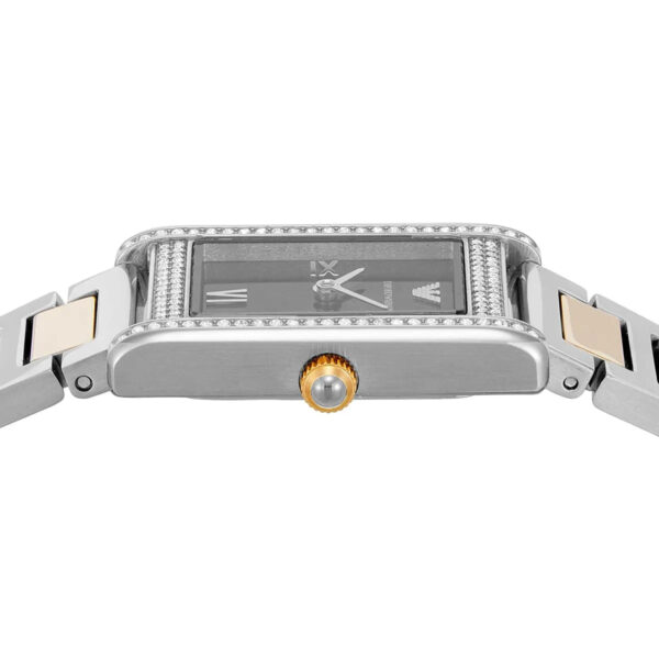 Side profile of Emporio Armani Genni watch showing crystal-set bezel and crown