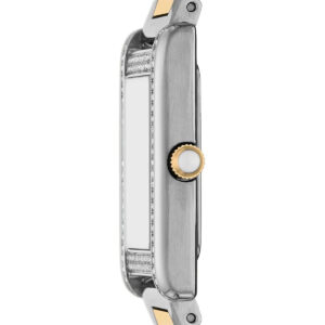 Emporio Armani Genni side view showing crystal-set bezel and deployant bracelet clasp
