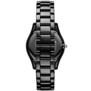 Back view of Emporio Armani Leo Small black ceramic watch showing caseback detail