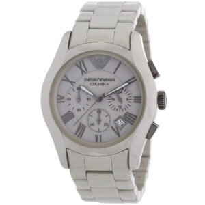 Side angle view of Emporio Armani Valente ceramic chronograph with grey dial and ceramic bracelet