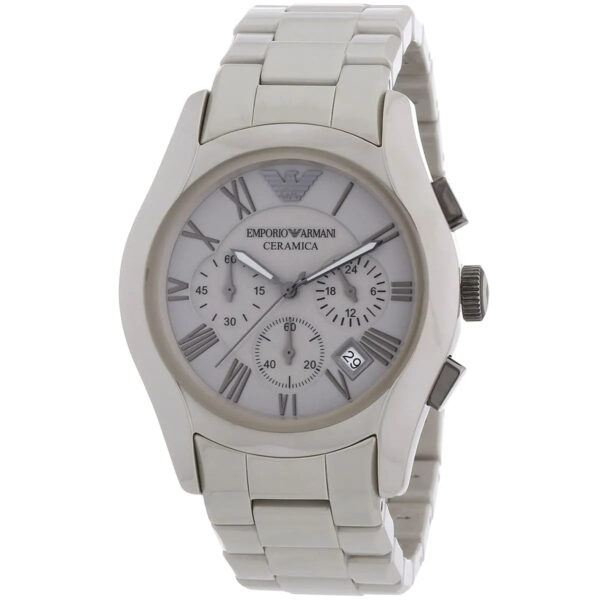 Side angle view of Emporio Armani Valente ceramic chronograph with grey dial and ceramic bracelet